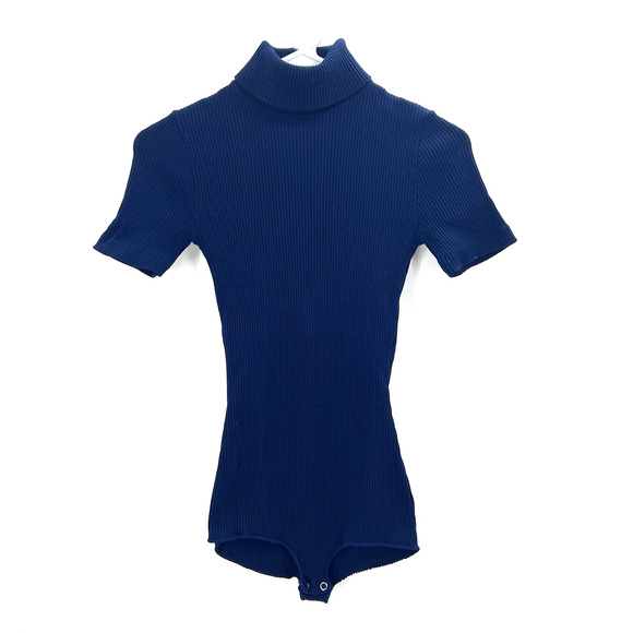 Vintage 70's Navy Blue Ribbed Turtleneck Shorts Sleeve Bodysuit Womens Small - Picture 1 of 3